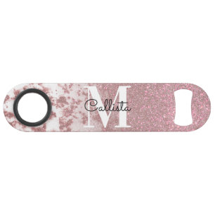 Sparkly Rose Gold Glitter Marble Ombre Monogram Bar Key