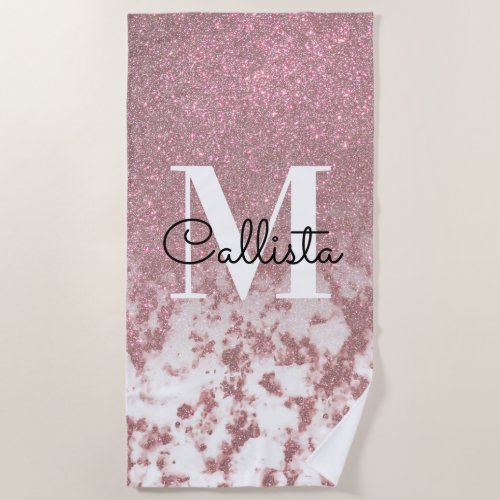Sparkly Rose Gold Glitter Marble Ombre Monogram Beach Towel