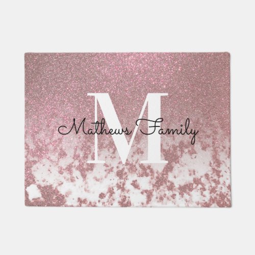 Sparkly Rose Gold Glitter Marble Ombre Monogram Doormat