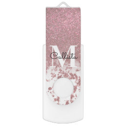 Sparkly Rose Gold Glitter Marble Ombre Monogram Flash Drive