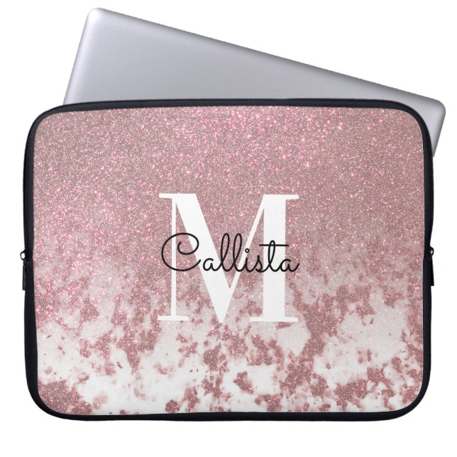 Sparkly Rose Gold Glitter Marble Ombre Monogram Laptop Sleeve (Front)