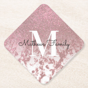 Sparkly Rose Gold Glitter Marble Ombre Monogram Paper Coaster
