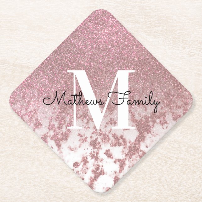 Sparkly Rose Gold Glitter Marble Ombre Monogram Paper Coaster (Front)