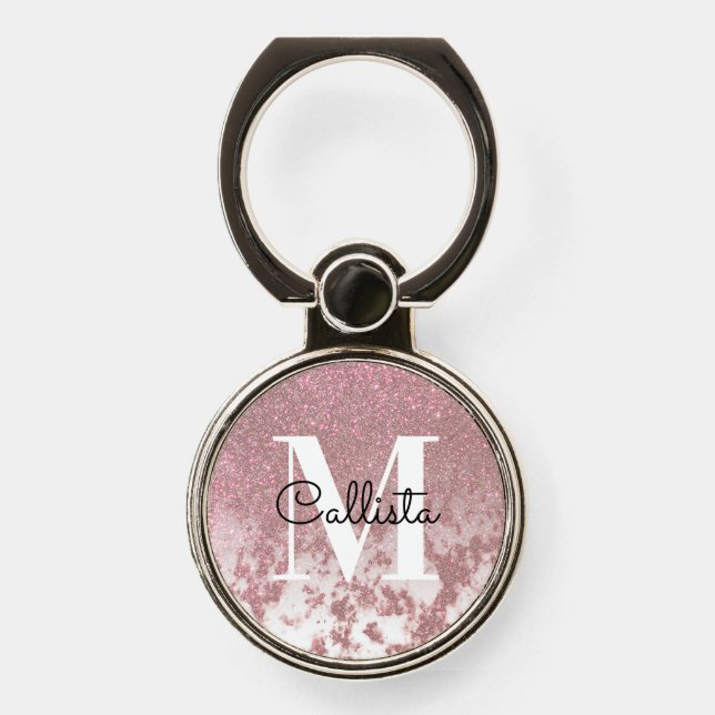 Sparkly Rose Gold Glitter Marble Ombre Monogram Phone Ring Stand (Front)