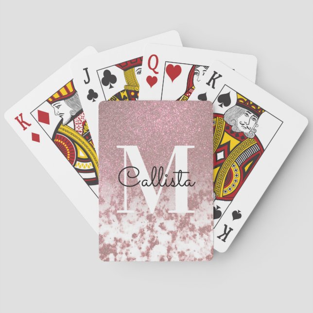 Sparkly Rose Gold Glitter Marble Ombre Monogram Poker Cards (Back)