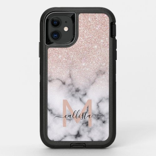 Sparkly Rose Gold Glitter Marble Ombre OtterBox Defender iPhone 11 Case