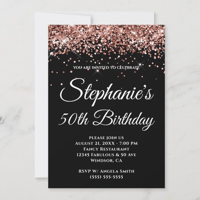 Sparkly Rose Gold Glitter Solid Color Black Invitation (Front)