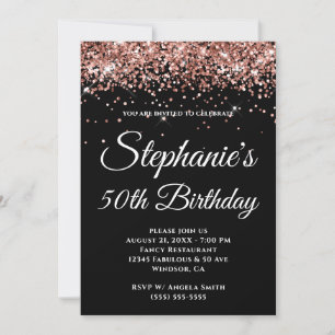 Sparkly Rose Gold Glitter Solid Color Black Invitation