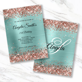 Sparkly Rose Gold Glitter Turquoise Foil Monogram Invitation by annaleeblysse at Zazzle