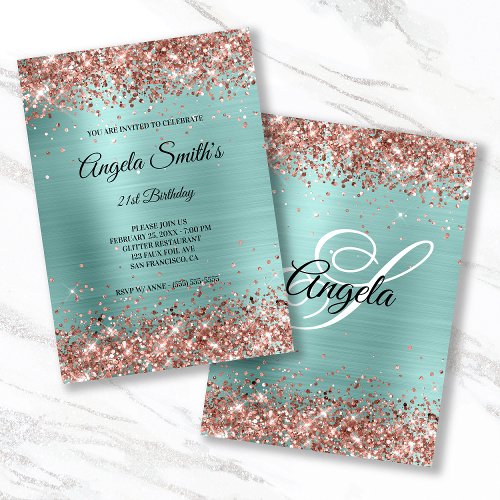 Sparkly Rose Gold Glitter Turquoise Foil Monogram Invitation