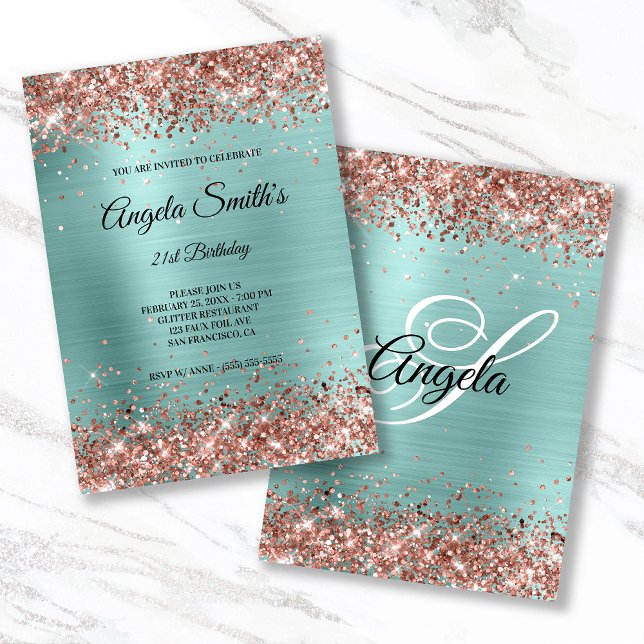 Sparkly Rose Gold Glitter Turquoise Foil Monogram Invitation (Creator Uploaded)