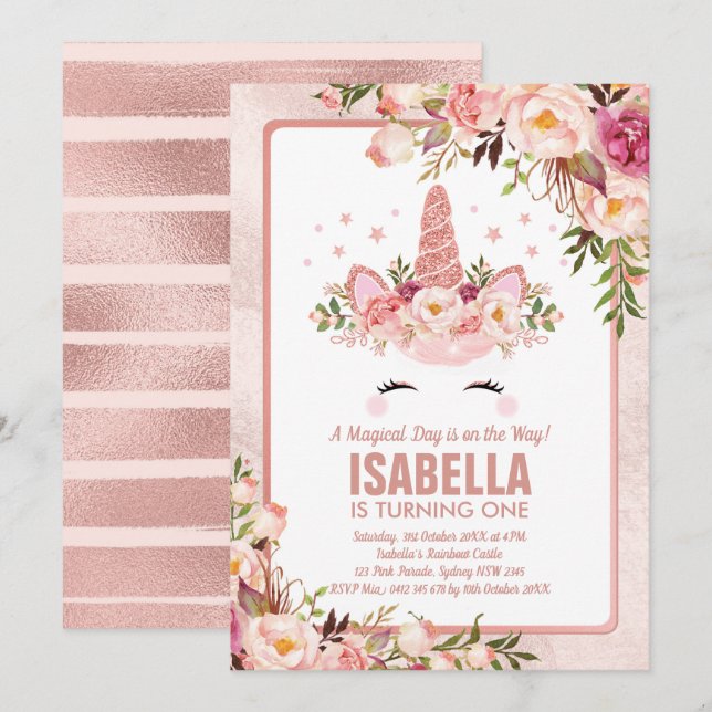 Sparkly Rose Gold Unicorn / Girly Magical Birthday Invitation (Front/Back)