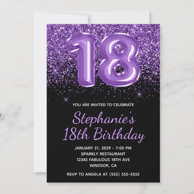 Sparkly Royal Purple Glitter Black Number 18 Invitation (Front)