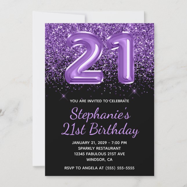 Sparkly Royal Purple Glitter Black Number 21 Invitation (Front)