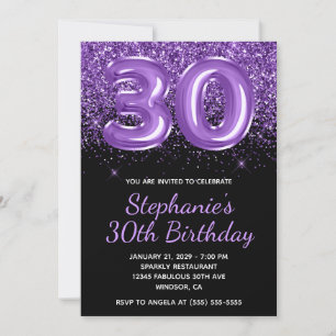 Sparkly Royal Purple Glitter Black Number 30 Invitation