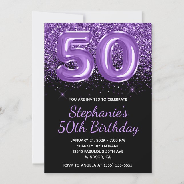 Sparkly Royal Purple Glitter Black Number 50 Invitation (Front)