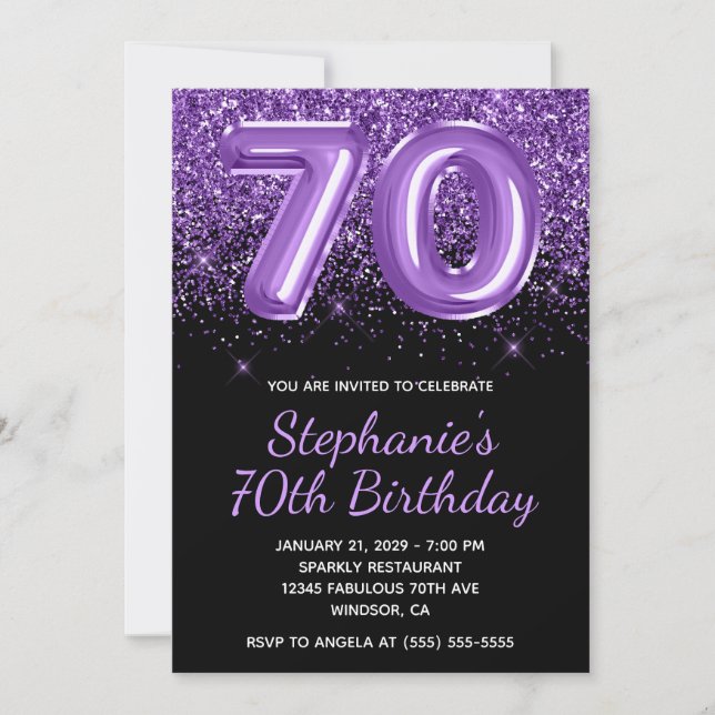 Sparkly Royal Purple Glitter Black Number 70 Invitation (Front)