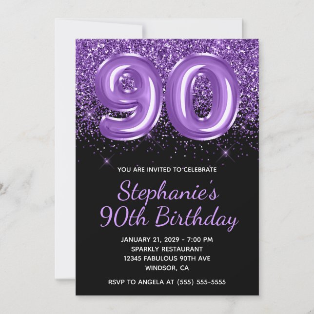 Sparkly Royal Purple Glitter Black Number 90 Invitation (Front)