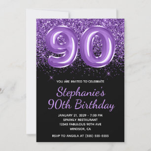 Sparkly Royal Purple Glitter Black Number 90 Invitation