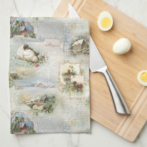 Sparkly Rustic Christmas Winter Scenes Collage Kitchen Towel