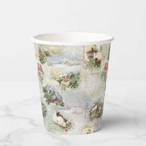 Sparkly Rustic Christmas Winter Scenes Collage Paper Cups