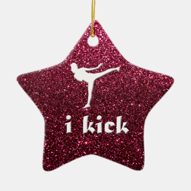 Sparkly Shimmering fuchsia  'i kick' custom Ceramic Ornament (Front)