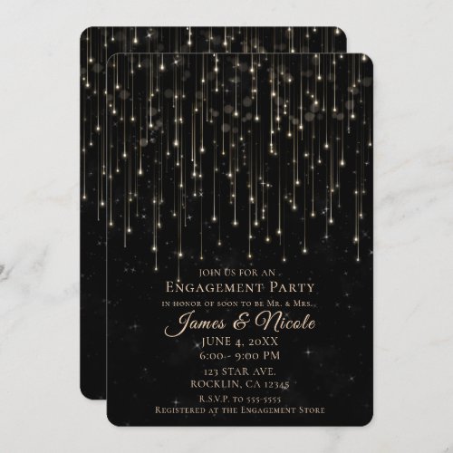 Sparkly Shooting Stars Black Chic Engagement Party Invitation