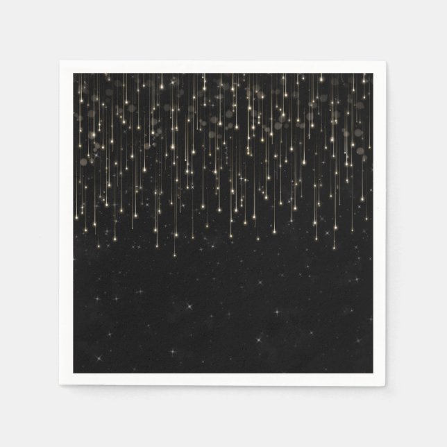 Sparkly Shooting Stars Black Chic Engagement Party Napkins (Front)