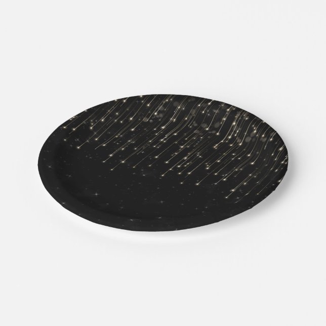 Sparkly Shooting Stars Black Chic Engagement Party Paper Plates (Angled)
