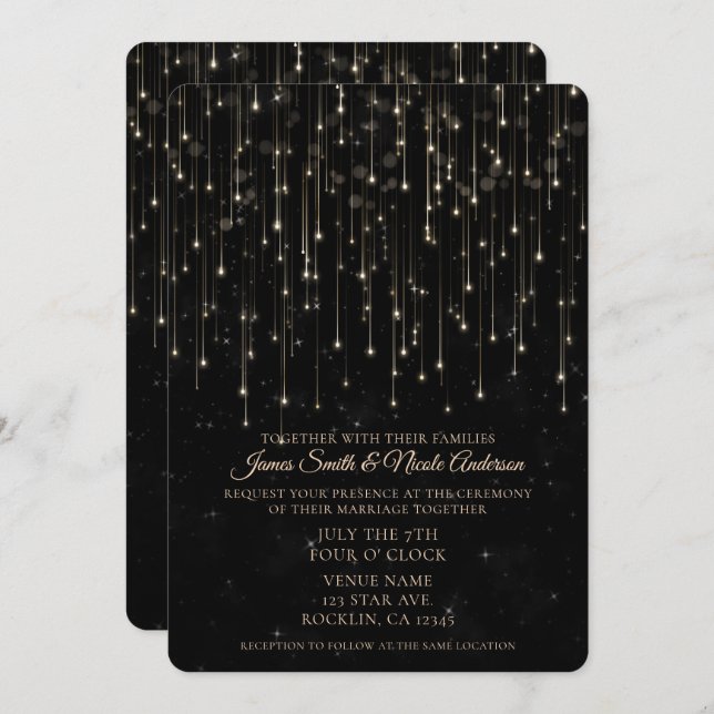Sparkly Shooting Stars Black Chic Modern Wedding Invitation (Front/Back)