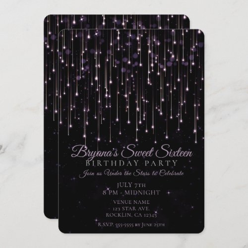 Sparkly Shooting Stars Purple Sweet 16 Party Invit Invitation