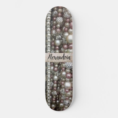 Sparkly Silver and Pink Stringed Beads         Skateboard