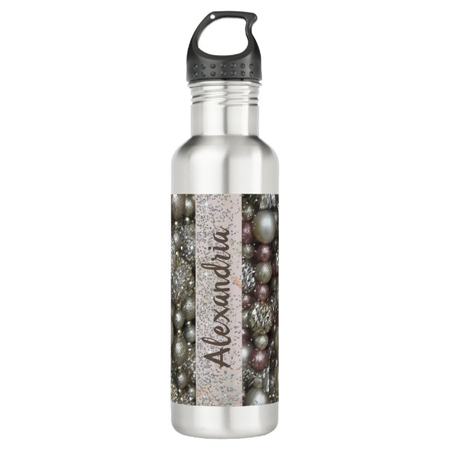 Sparkly Silver and Pink Stringed Beads      Stainless Steel Water Bottle (Front)