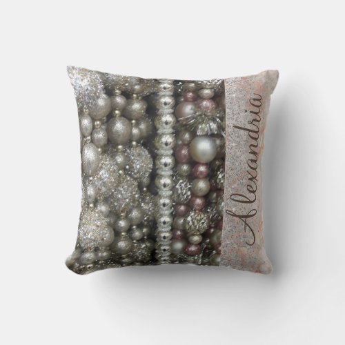 Sparkly Silver and Pink Stringed Beads  Throw Pillow