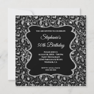 Sparkly Silver Black Leopard Glam 50th Birthday Invitation