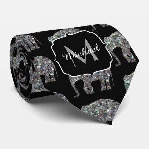 Sparkly silver Elephant pattern on black Monogram Neck Tie