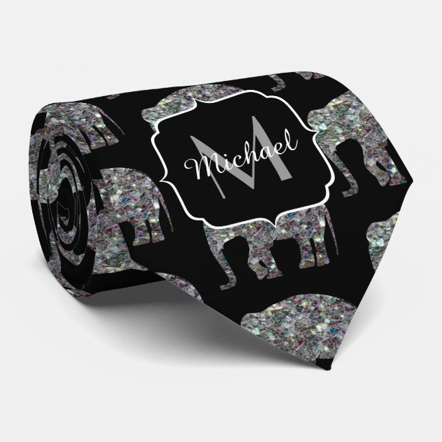 Sparkly silver Elephant pattern on black Monogram Neck Tie (Rolled)