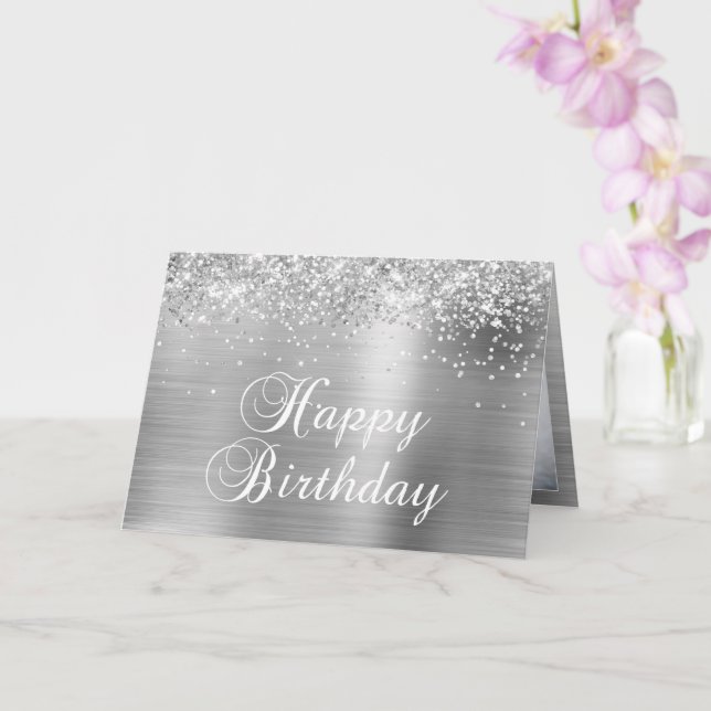 Sparkly Silver Family Photo Happy Birthday Card (Orchid)