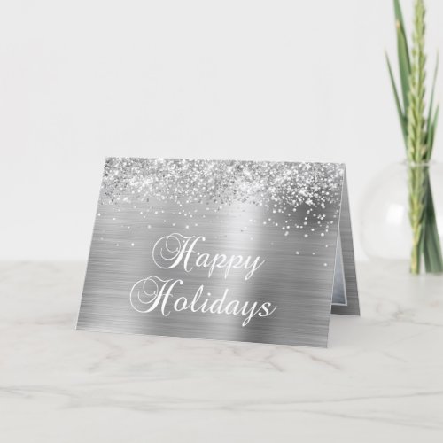 Sparkly Silver Family Photo Happy Holiday Card