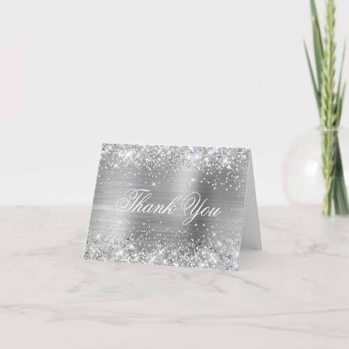 Sparkly Silver Faux Glitter and Shiny Foil Thank You Card