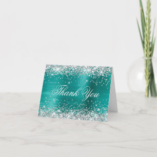 Sparkly Silver Faux Glitter Aqua Teal Foil Letterpress Thank You Card