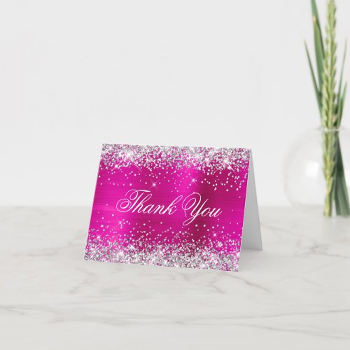 Sparkly Silver Faux Glitter Hot Pink Foil Thank You Card