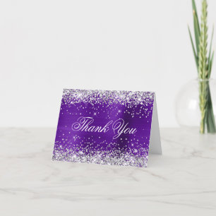 Sparkly Silver Faux Glitter Indigo Purple Foil Thank You Card