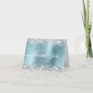 Sparkly Silver Faux Glitter Light Blue Foil Letterpress Thank You Card