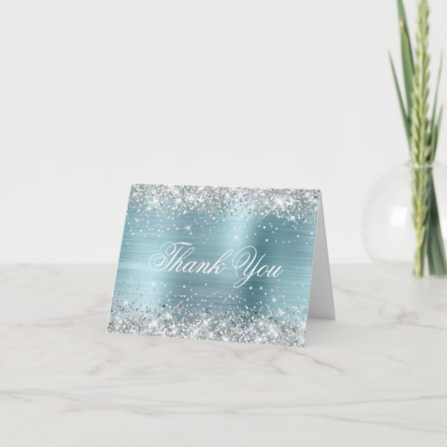 Sparkly Silver Faux Glitter Light Blue Foil Thank You Card (Front)