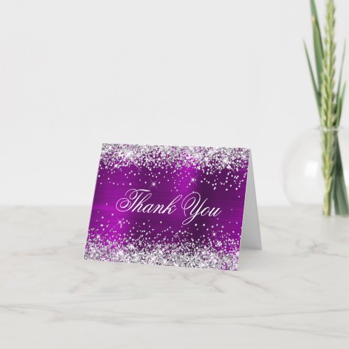 Sparkly Silver Faux Glitter Magenta Purple Foil Thank You Card