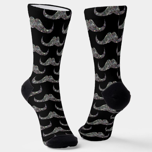 Sparkly silver faux glitter Mustache pattern black Socks (Angled)