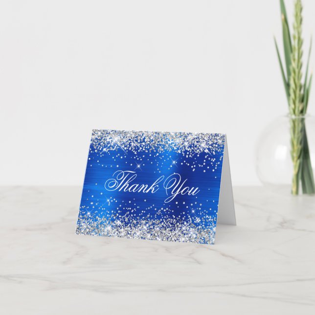 Sparkly Silver Faux Glitter Royal Blue Foil Thank You Card (Front)