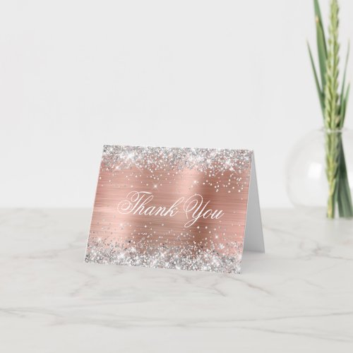 Sparkly Silver Faux Glitter Shiny Rose Gold Foil Thank You Card