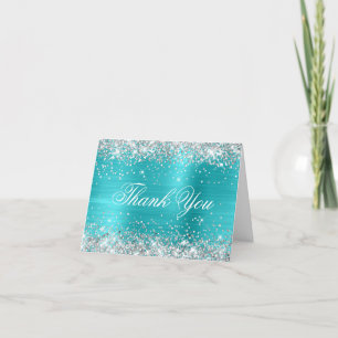 Sparkly Silver Faux Glitter Turquoise Blue Foil Letterpress Thank You Card